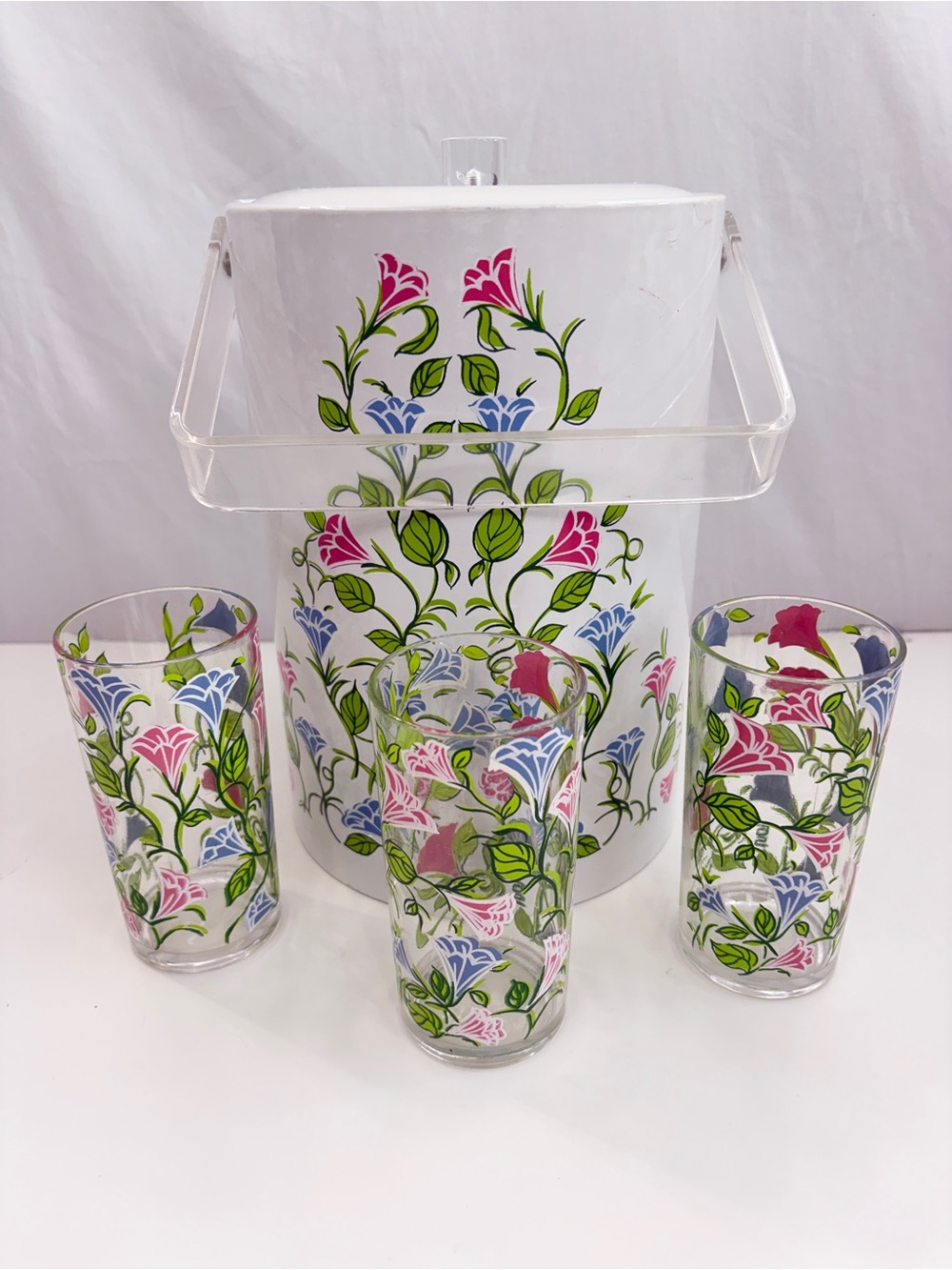 H. J. Stotter vintage acrylic 4 pc vtg floral beverage set ice bucket 3 tumblers